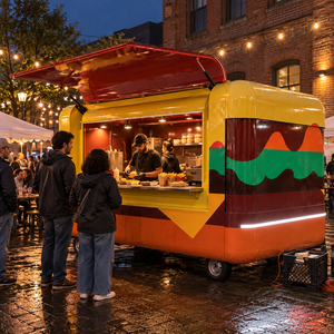 Chariot de restauration mobile sur le thème des burgers, avec grande fenêtre de service escamotable, pour la vente de nourriture de rue en extérieur - Product Image 2