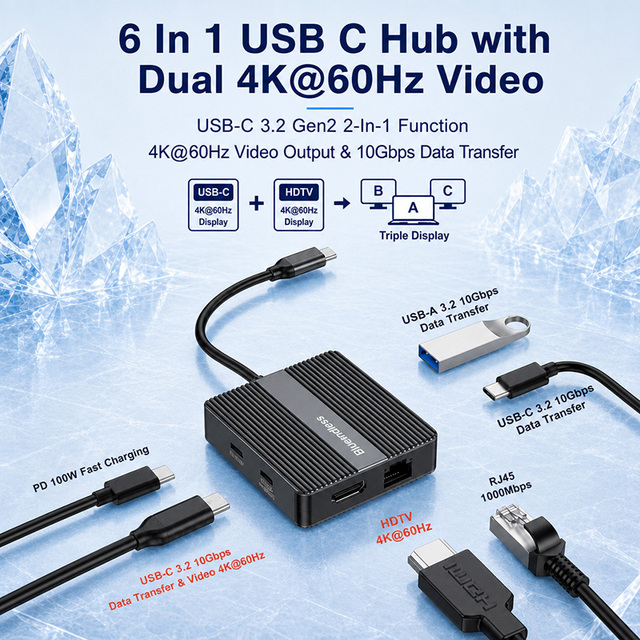 USB Type C Adapter Hub USB3.2 10Gbps MST Dual 4K 60Hz Video Output USB-C 3.2 Hub 6 In 1 USB C Hub for HD TV Laptop