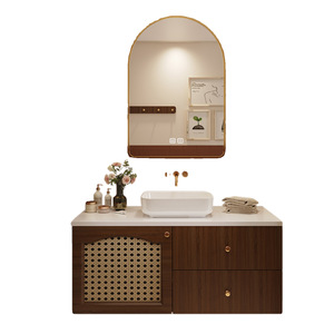 Natural wood natural style curved <b>mirror</b> cabinet ceramic integrated basin cabinet door with rattan design bathroom cabinet - Product Image 6