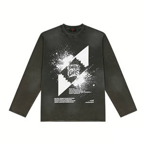 <span class=keywords><strong>T</strong></span>-shirt à manches longues gris foncé délavé vintage de style streetwear américain, imprimé graffiti, coupe ample, col rond - Product Image 2