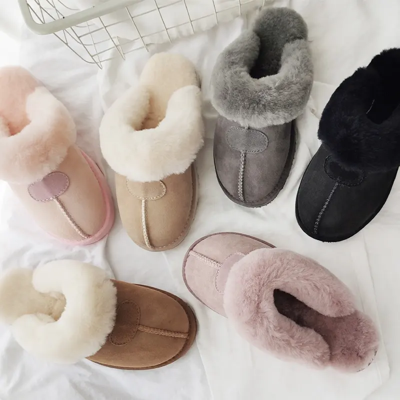 Factory Price Real Sheepskin Suede Leather Natural Wool Fur Lined Winter Slippers House Home Warm Shoes Waterproof Loafer