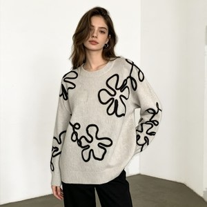 Damen Pullover mit abstraktem Linienkunst-Blumendruck, lässiger Rundhalsausschnitt, Oversize, langärmlig, OEM, individuell anpassbar, für den Alltag - Product Image 1