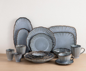 Customizable Vintage Blue Grey Fluted Ceramic Dinner Set, Embossed Stoneware Tableware, Bulk Wholesale for Modern Kitchen/Gift - Product Image 2