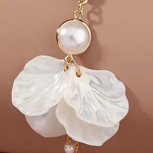 Boucles d'oreilles coréennes longues avec pampilles en perles, colorées, nacrées, coquille, fleur pétale, goutte, gracieuses pour femmes, mariage, nouvelle collection,