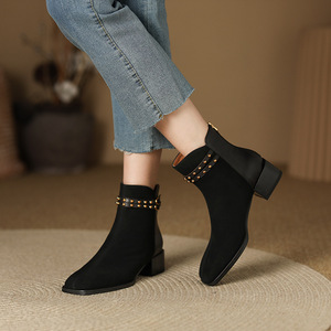 <span class=keywords><strong>Bottines</strong></span> à plateforme noires en cuir pour femme, style vintage, à double ceinture, bout carré et talon épais, collection Printemps - Product Image 4