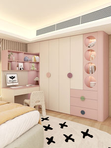 <span class=keywords><strong>Armadio</strong></span> e Scrivania Combinati per Bambini in Legno Massello Stile Crema, con Mobile Contenitore Multifunzionale Rosa - Direttamente dalla Fabbrica - Product Image 1