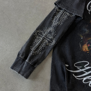 T-shirt à manches longues imprimé ange gothique noir poids lourd 100% coton tricoté Streetwear T-shirt strass croix décontracté lavé - Product Image 2