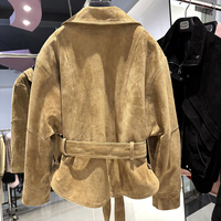 Veste en cuir véritable à épaules tombantes pour femme, ceinturée, style vintage, en daim véritable, pour l'automne