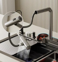 Évier de cuisine à bol carré unique en acier inoxydable moderne fait à la main 304 robinet à cascade multifonction Rectangle Design quatre trous