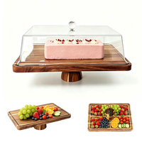 Support à gâteau rectangulaire en bois d'acacia avec couvercle en acrylique, plateau à dessert et charcuterie sur piédestal