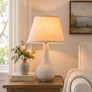 Bulk Nordic Style Ceramic Desk Lamps White Ribbed Base Beige Fabric Shade E26 Socket Simple Assembly Nightstand Lighting
