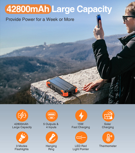 Đen năng lượng mặt trời công suất cao ngân hàng điện không dây sạc di động sạc nhanh 18400mAh không thấm nước Cắm Trại Pin ngân hàng kép USB - Product Image 2