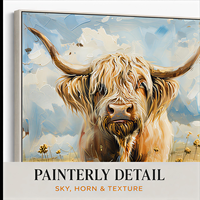 Impression murale Vache des Highlands, portrait de bovins à poils longs pour salon, ferme, bureau, hôtel, intérieurs rustiques et modernes