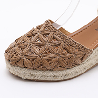 Sandales marron grande taille pour femme, à talons hauts, avec bride cheville, bout fermé, talon compensé épais en paille tressée, pour l'été