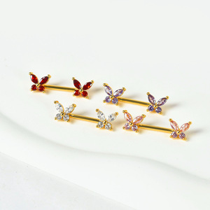 Barre de <span class=keywords><strong>piercing</strong></span> pour téton en acier inoxydable plaqué or, avec <span class=keywords><strong>double</strong></span> papillon multicolore en zircon cubique, pour usage quotidien, fêtes et décoration corporelle - Product Image 4