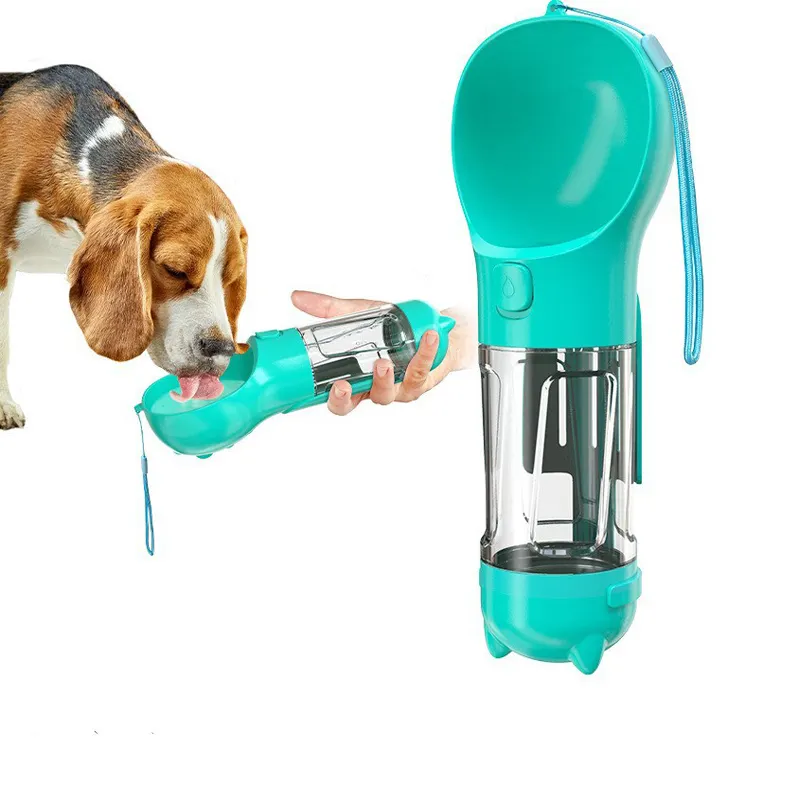 Alimentador de viaje ABS multifuncional para perros, botella de agua portátil 4 en 1 con contenedor de comida con dispensador