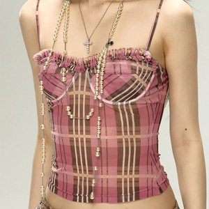 Verano nueva moda tendencia dulce rayas a cuadros temperamento estampado camisola corta femenina - Product Image 6