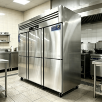 Équipement de réfrigération commerciale, congélateur en acier inoxydable à 6 portes avec commande numérique et stockage à froid