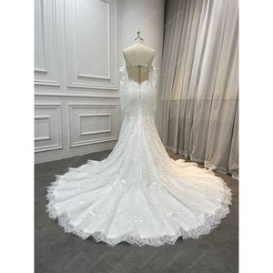 Elegante abito <span class=keywords><strong>da</strong></span> sposa a sirena con volant in pizzo ricami a scollo a V con Design sottile manica corta per le spose - Product Image 2