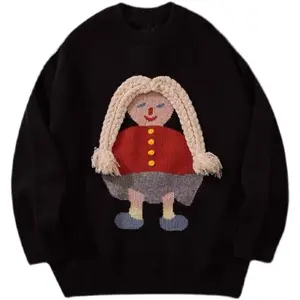 Sweater pullover wanita modis, model baru musim gugur 2023, leher crew, lengan panjang, Kebesaran, pola kartun 3D, sweater pullover