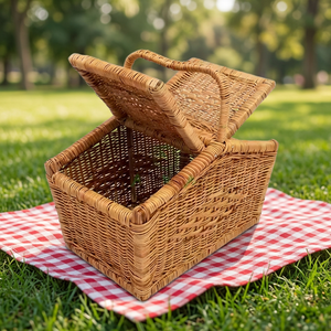 Panier de rangement en rotin avec couvercle et poignée, forme rectangulaire, fait main, pour salon, boîte d'organisation multi-usages - Product Image 4