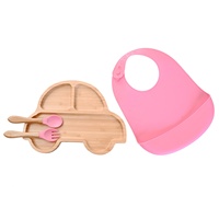 Ensemble de sevrage écologique en bambou pour bébé avec assiette à ventouse en bois et bavoir antidérapant pour bébés et tout-petits