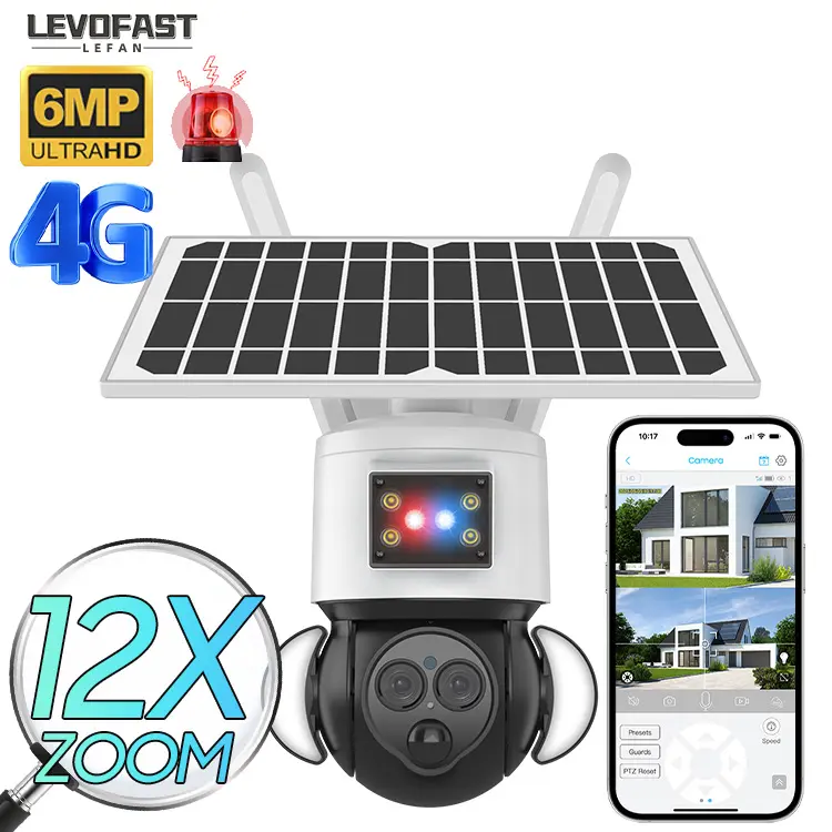 كاميرا لاسلكية تعمل بالطاقة الشمسية مزودة بخاصية WiFi من LEVOFAST وتتميز بتكبير 12 مرة وتوصيل بتقنية الجيل الرابع كما تدعم كاميرا الأمن الدائرة التلفزيونية التي تعمل بالإنترنت متصلة بالواي فاي ومدعومة ببطاقة ذاكرة 128