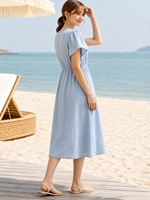 Robe midi bleu clair pour femme, col en V, manches courtes à volants, taille ajustée, coupe trapèze, robe d'été pour la plage