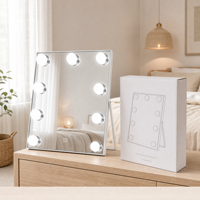 Miroir de maquillage éclairé en bois blanc avec lumières, 27 cm, angle réglable, 3 modes de couleur, variateur d'intensité, capteur tactile