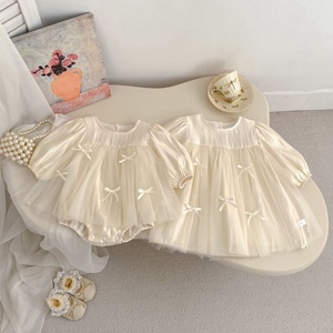 Vestito Primaverile e Autunnale per Bambina in Cotone a Maniche Lunghe con Fiocco e <span class=keywords><strong>Tulle</strong></span>, Tutina per Neonata - Product Image 1