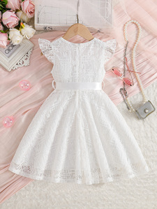 Vestido de Encaje con Mangas con Volantes y Cuello Transparente para Niñas, Vestido de <span class=keywords><strong>Primera</strong></span> Comunión con Lazo en la Cintura - Product Image 5