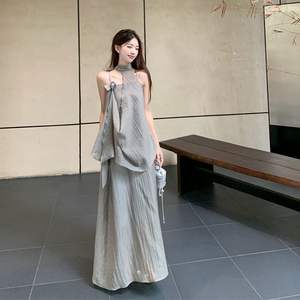 Vestido Largo de Gasa con Cuello Halter y Tirantes Finos, Estampado Geométrico Gris, Asimétrico, para Mujer, Estilo Casual - Product Image 2