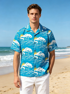 Camicie <span class=keywords><strong>da</strong></span> Spiaggia con Stampa Integrale di Onde Marine Personalizzate, Camicie Estive Casual <span class=keywords><strong>da</strong></span> Uomo a Maniche Corte per Vacanze, Camicie Maschili a Maniche Corte con Sublimazione - Product Image 2