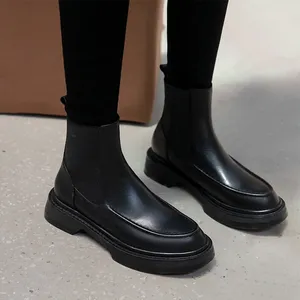 Chaud en <span class=keywords><strong>cuir</strong></span> véritable femmes bottes rétro Style britannique sans lacet <span class=keywords><strong>Chelsea</strong></span> bottes mode <span class=keywords><strong>bottines</strong></span> bout rond plat avec des chaussures pour femmes - Product Image 5