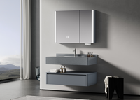 Meuble-lavabo mural flottant double couche avec dessus en pierre de roche gris, en contreplaqué, pour hôtel de luxe, meubles de salle de bain modernes