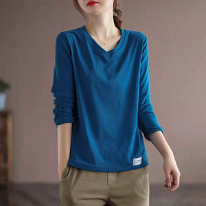 V-neck Solid Color Long Sleeve T-Shirt For Women Loose Fit <b>Base</b> <b>Layer</b> Top Plus Size Trendy Knitted Polyester Fiber - Product Image 4