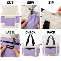Sac fourre-tout en nylon personnalisé couleur lavande avec blocs de couleur, idéal pour les trajets quotidiens, doté d'une poche avant zippée et de poches latérales élastiques