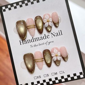 Faux ongles à presser faits main, style artisanal lourd, marron French Cat Eye, sculptés en 3D, réutilisables pour mariage, fête, salon de manucure - Product Image 2