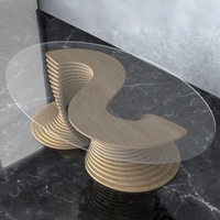 Table basse en forme de S, base en bois en spirale unique, plateau en verre, décoration d'intérieur, meubles pour café, hôtel, centre commercial, bureau