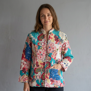 Veste matelassée patchwork fleuri pour femme, col mandarin, manches longues, rembourrage polyester, vêtement d'extérieur printemps, cadeau pour elle - Product Image 1