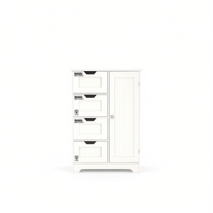 Mueble de Almacenamiento Independiente Blanco con 4 Cajones, 1 Puerta y Estantes Ajustables, Mueble de Baño de Diseño Moderno en Madera - Product Image 1