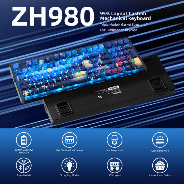 Zornher ZH980 Starry Sky Mechanical Keyboard RGB Backlit Programmable Tri-Mode PBT Keycaps Keyboard USB-C for Gaming Office
