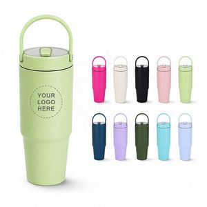 Gobelet isotherme portable en acier inoxydable avec poignée, anti-fuite, avec paille rabattable, personnalisable avec logo, 20oz 30oz - Product Image 1