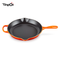 Wajan Besi Cor Enamel Oranye Tahan Panas Dengan Gagang Samping dan Corong Penampung Minyak, Anti Lengket, Tahan Abrasi, Peralatan Memasak