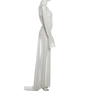 Viviblook Z0114ST01 New <b>Women</b> <b>Outfit</b> <b>Sexy</b> See Through High Neck Flared Sleeve Top Split Maxi Skirt Two Piece Set - Product Image 5