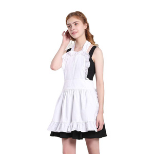 White Apron For Women Long Sleeve Woven Solid Color Restaurant Work Uniform Maid Style With Ruffle Hem - Product Image 2