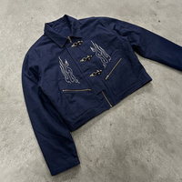 Veste en jean de travail vintage rétro surdimensionnée et courte, style streetwear, avec col rabattu et fermoir de pompier personnalisé, pour un look rapide et décontracté.
