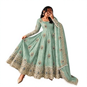 Robe Anarkali brodée bleu ciel pour femme, longueur ras du sol, style traditionnel indien pakistanais, coupe ample, en soie extensible - Product Image 1