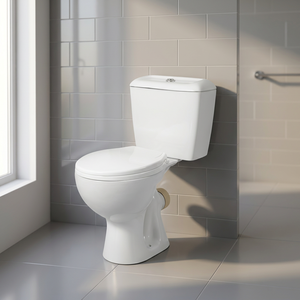 Inodoro de cerámica moderno de dos piezas con descarga a pared, blanco brillante, cuadrado, de porcelana, para baño. - Product Image 3