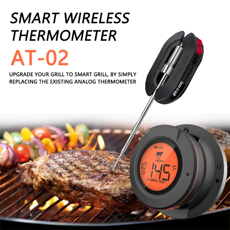 AT-02 Smart Digital Wireless Cooking Grilling Smoker  BBQ Thermometer with Max 4 Probes and 1 ambient Probe